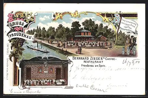 Lithographie Wien II, Gerhard Zieger`s Caffee Restaurant m. Dampfer, Freuden am Spitz