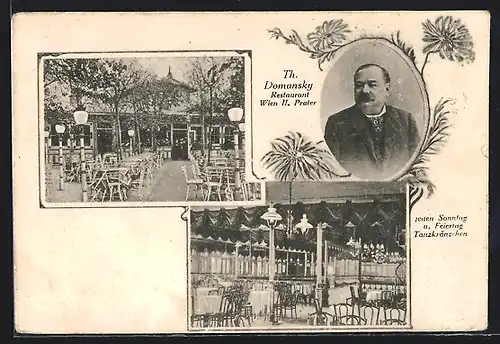 AK Wien, Prater, Restaurant Th. Domansky, Gartenansichten, Wirtsportrait