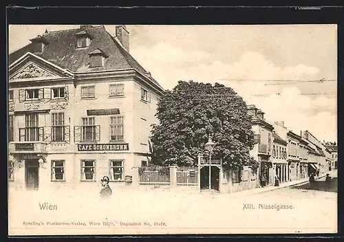 AK Wien-Penzing, Cafe Schönbrunne in der Nisselgasse, mit Garteneingang, Polizist