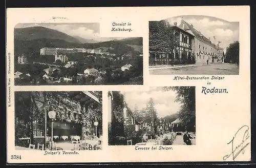 AK Wien-Rodaun, Hotel-Restaurant Stelzer, Stelzer`s Veranda, Terrasse, Ortsansicht mit Convict in Kalksburg