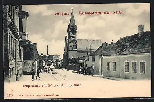 AK Wien-Baumgarten, Linzerstrasse mit Pfarrkirche zur heiligen Anna