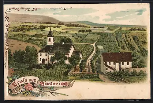 Lithographie Wien-Sievering, Ortspartie mit Kirche