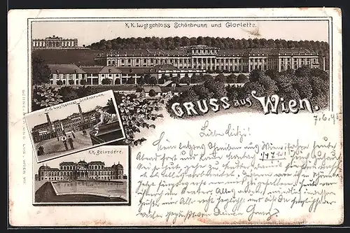 Vorläufer-Lithographie Wien, 1895, K. K. Lustschloss Schönbrunn und Floriette, K. K. Belvedére