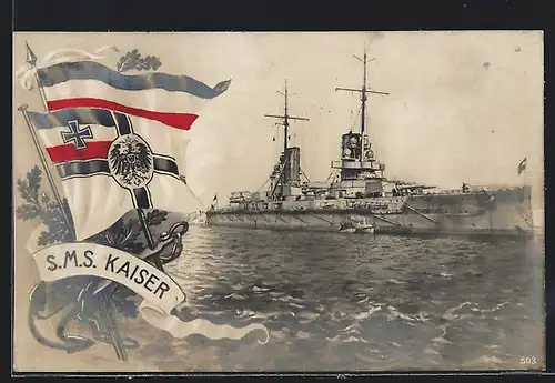 AK Kriegsschiff SMS Kaiser auf dem Meer, Flaggen