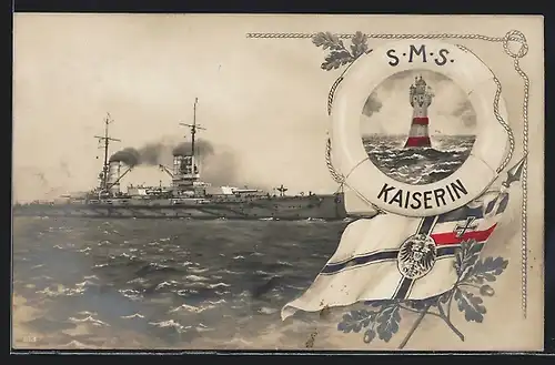 AK Kriegsschiff SMS Kaiserin auf offener See, Leuchtturm und Flagge