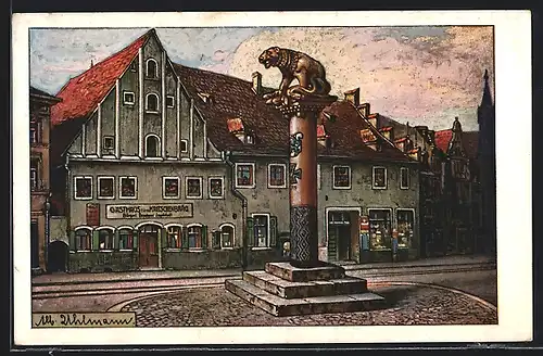 Künstler-AK Ingolstadt, Gasthaus zum Kritschenbräu, Eiserne Kriegssäule, Nagelung, Ganzsache Bayern