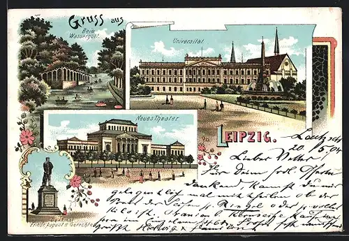 Lithographie Leipzig, Universität, Neues Theater, Denkmal Friedr. August d. Gerechten, beim Wassergott