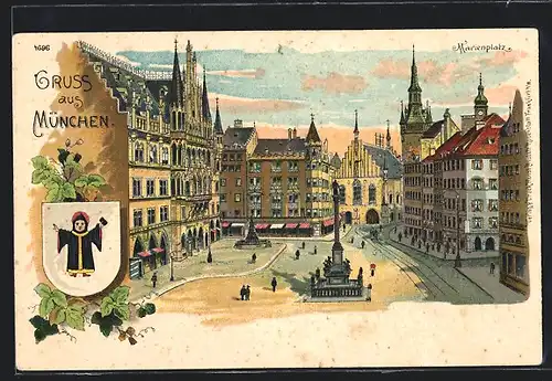 Lithographie München, Strassenpartie am Marienplatz, Wappen