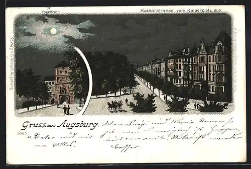 Lithographie Augsburg, Kaiserstrasse mit Vogelthor vom Kaiserplatz aus bei Vollmond