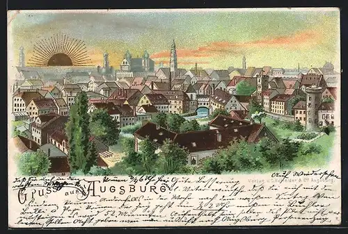 Lithographie Augsburg, Totalansicht mit goldener Sonne