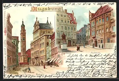 Lithographie Augsburg, Rathaus und Perlach-Turm, Museum