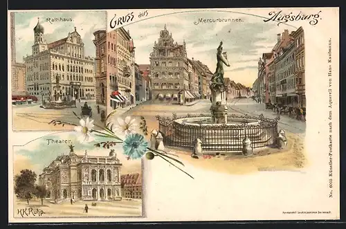 Lithographie Augsburg, Rathaus, Mercurbrunnen, Theater