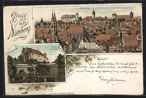 Lithographie Nürnberg, Teilansicht, Die Burg von Westen