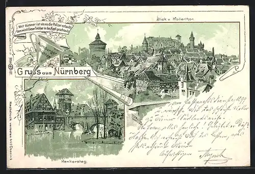 Lithographie Nürnberg, Blick vom Hallerthor zur Burg, Henkersteg