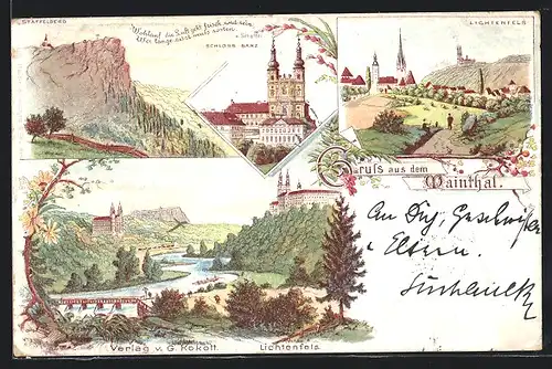 Lithographie Staffelstein, Schloss Banz, Bamberg und Lichtenfels