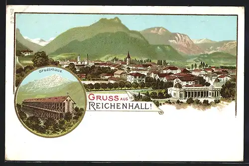 Lithographie Bad Reichenhall, Gradirhaus, Ortsansicht