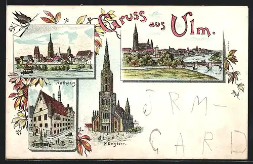 Lithographie Ulm, Ortsansichten mit Rathaus und Münster