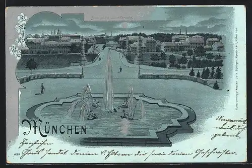 Mondschein-Lithographie München, Blick von der Luitpoldbrücke mit Brunnen