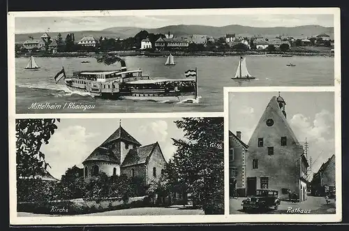AK Mittelheim /Rheingau, Uferpartie mit Dampfer, Rathaus, Kirche