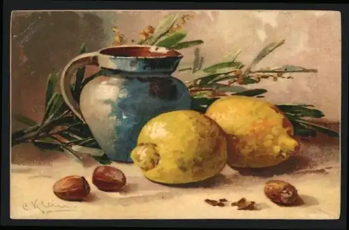 Künstler-AK Catharina Klein: Krug, Zitronen und Nüsse