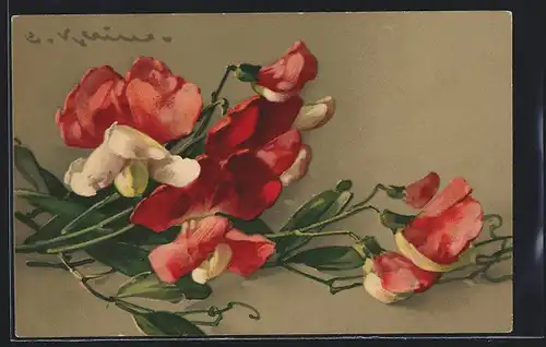 Künstler-AK Catharina Klein: Blumenstilleben mit roten Blüten