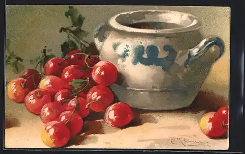 Künstler-AK Catharina Klein: Stillleben, Kirschen neben einem Krug
