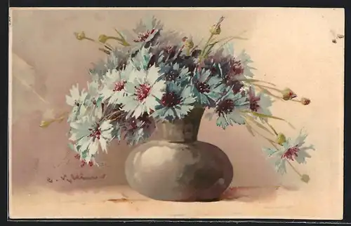 Künstler-AK Catharina Klein: Blumenstrauss in einer grauen Vase