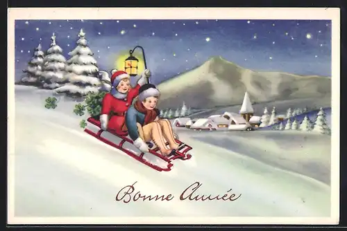 AK Zwei Kinder bei einer Schlittenfahrt unter Sternenhimmel, Neujahrsgruss