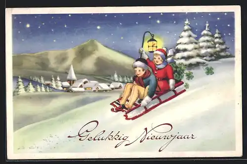 AK Schlittenfahrt mit Laterne vor einer Ortschaft, Neujahrsgruss