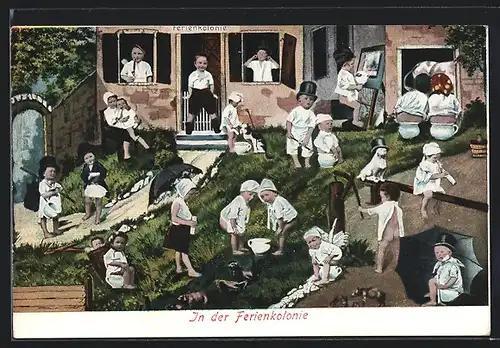 AK Fotomontage, Kleine Kinde mit Kinderspielzeugen, Ferienkolonie