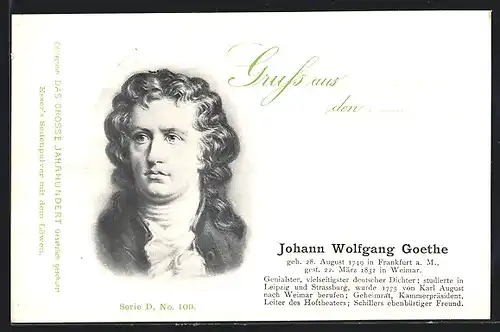 AK Portrait Schriftsteller Johann Wolfgang v. Goethe mit gewelltem Haar und Halsbinde