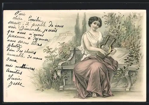 Lithographie Maid mit Harfe, Antike