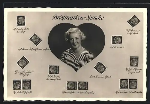 AK Briefmarkensprache, Porträt einer jungen Frau im Herzrahmen
