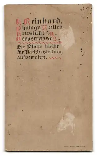 Fotografie H. Reinhard, Neustadt a. H., Bergstrasse 2, Junger Mann mit Fliege und gezwirbeltem Schnurrbart
