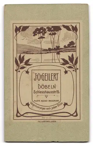 Fotografie J. O. Geilert, Döbeln, Schiesshausstr. 15, Junge Dame mit elegantem Kleid mit Zierkragen und einer Brosche