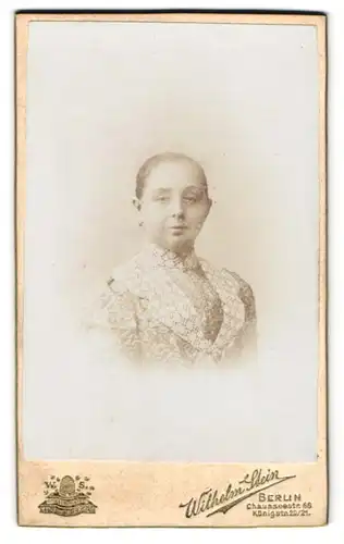 Fotografie Wilhelm Stein, Berlin, Chausseestr. 66, Bürgerliche Dame mit intensiv gemustertem, adrettem Kleid
