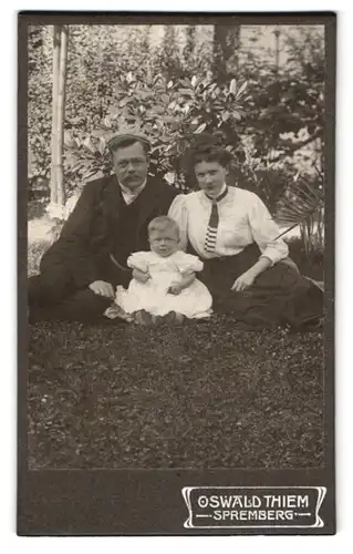 Fotografie Oswald Thiem, Spremberg, Stolze junge Eltern mit ihrer Tochter, auf einer Wiese im Park