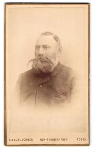 Fotografie A. & F. Zeuschner, Posen, Wilhelm-Strasse 5, Bürgerlicher Mann mit Vollbart und imposantem Schnäuzer