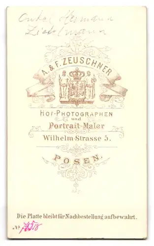 Fotografie A. & F. Zeuschner, Posen, Wilhelm-Strasse 5, Bürgerlicher Mann mit Vollbart und imposantem Schnäuzer