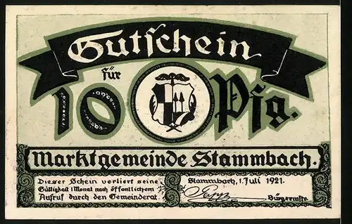 Notgeld Weissenstein b. Stammbach 1921, 10 Pfennig, Vereinshaus u. Aussichtsturm, Wappen