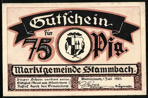 Notgeld Weissenstein b. Stammbach 1921, 75 Pfennig, Vereinshaus u. Aussichtsturm, Wappen