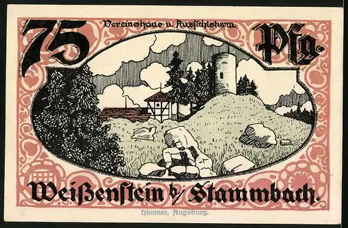 Notgeld Weissenstein b. Stammbach 1921, 75 Pfennig, Vereinshaus u. Aussichtsturm, Wappen