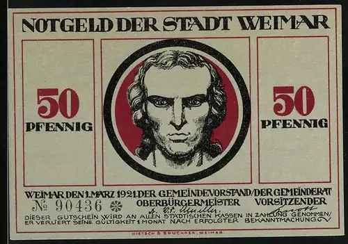 Notgeld Weimar 1921, 50 Pfennig, Zwei entblösste Männer mit zerbrochenen Schwertern