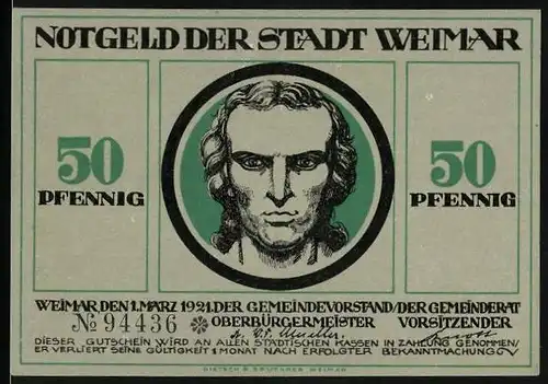 Notgeld Weimar 1921, 50 Pfennig, Paar mit Bären geniesst Weintrauben
