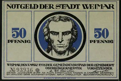 Notgeld Weimar 1921, 50 Pfennig, Mann betet gen Himmel