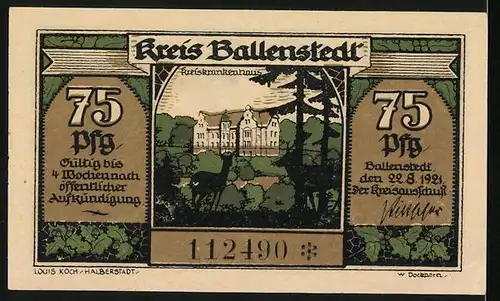 Notgeld Ballenstedt 1921, 75 Pfennig, Kreiskrankenhaus u. Zwerge