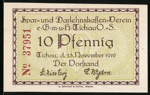 Notgeld Tichau 1919, 10 Pfennig, Kirche
