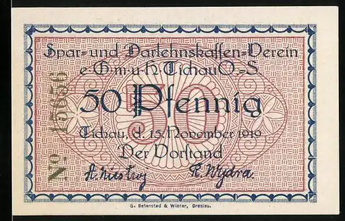 Notgeld Tichau 1919, 50 Pfennig, Kirche mit Bäumen