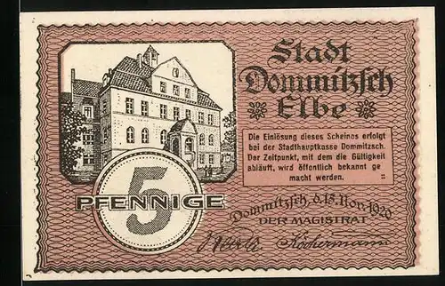 Notgeld Dommitzsch a. E. 1920, 5 Pfennig, Ansicht v. Alt-Dommitzsch 1700