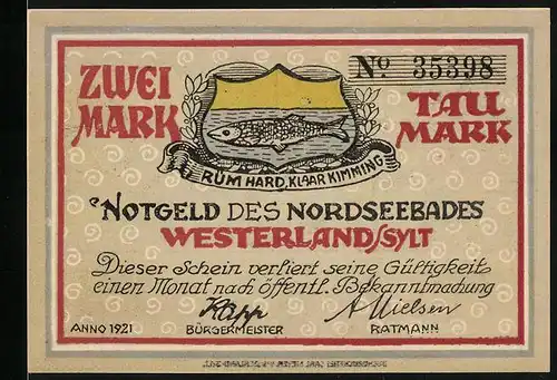 Notgeld Westerland /Sylt 1921, 2 Mark, Seemänner u. Mönch